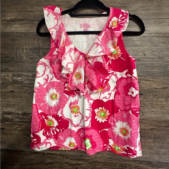 Lilly Pulitzer Pink Red Floral Flutter Sleeve Tank Top - Picture 1 of 8